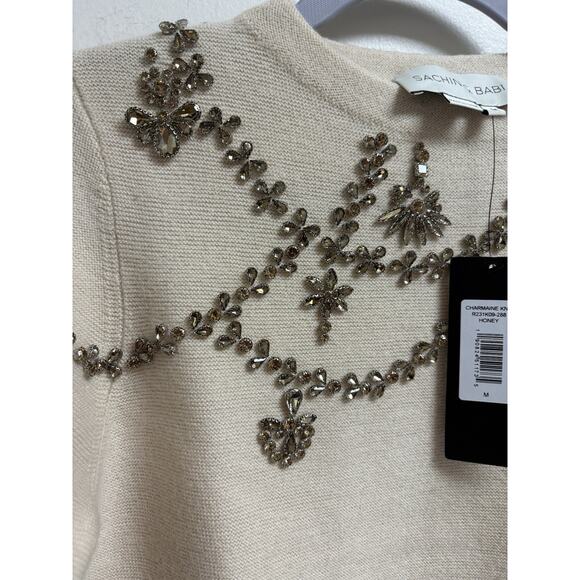 Sachin and Babi Charmaine Knit Embellished Merino Wool Sweater Honey Medium NWT - Picture 7 of 9